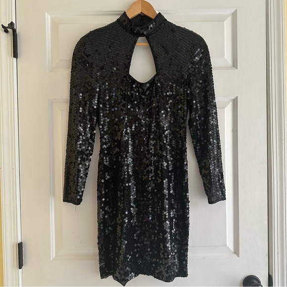 Vintage NiteLine Black Sequin Keyhole High Heart Neck Mini Dress Size 10 Swifty - Picture 2 of 7